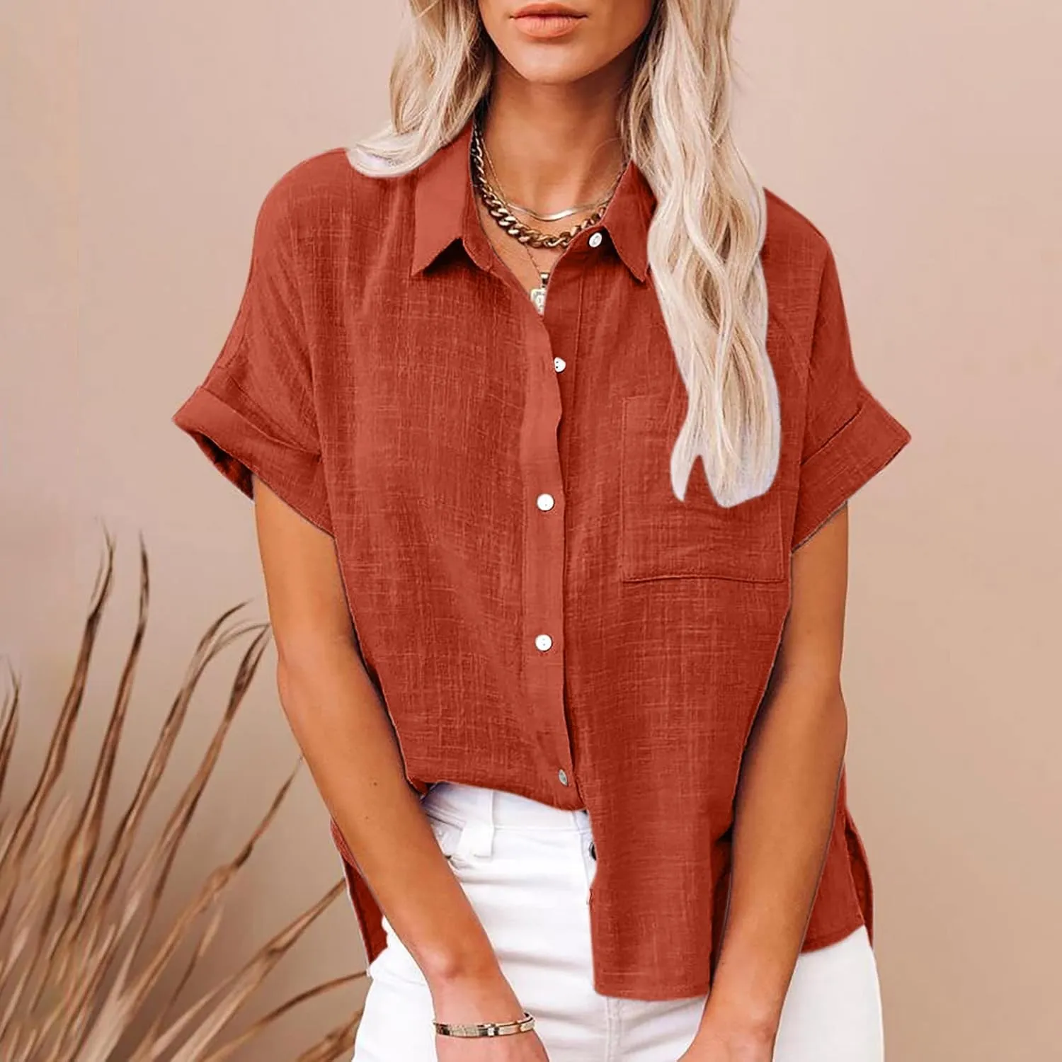 Wkishenl Womens Button Down Shirts Plus Size Cotton Linen Tops Loose Casual V Neck Blouse Summer Trendy T-Shirts with Pockets