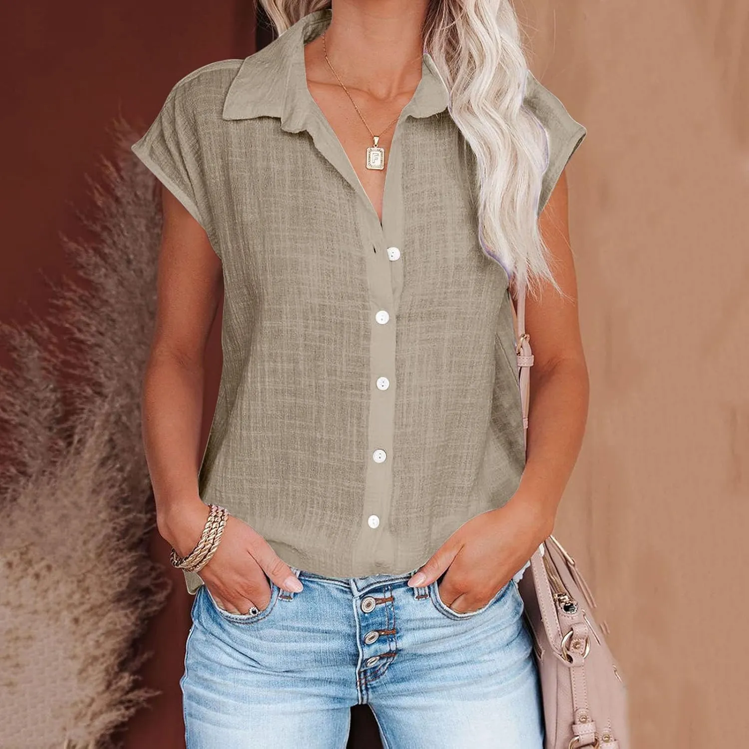 Wkishenl Womens Button Down Shirts Plus Size Cotton Linen Tops Loose Casual V Neck Blouse Summer Trendy T-Shirts with Pockets