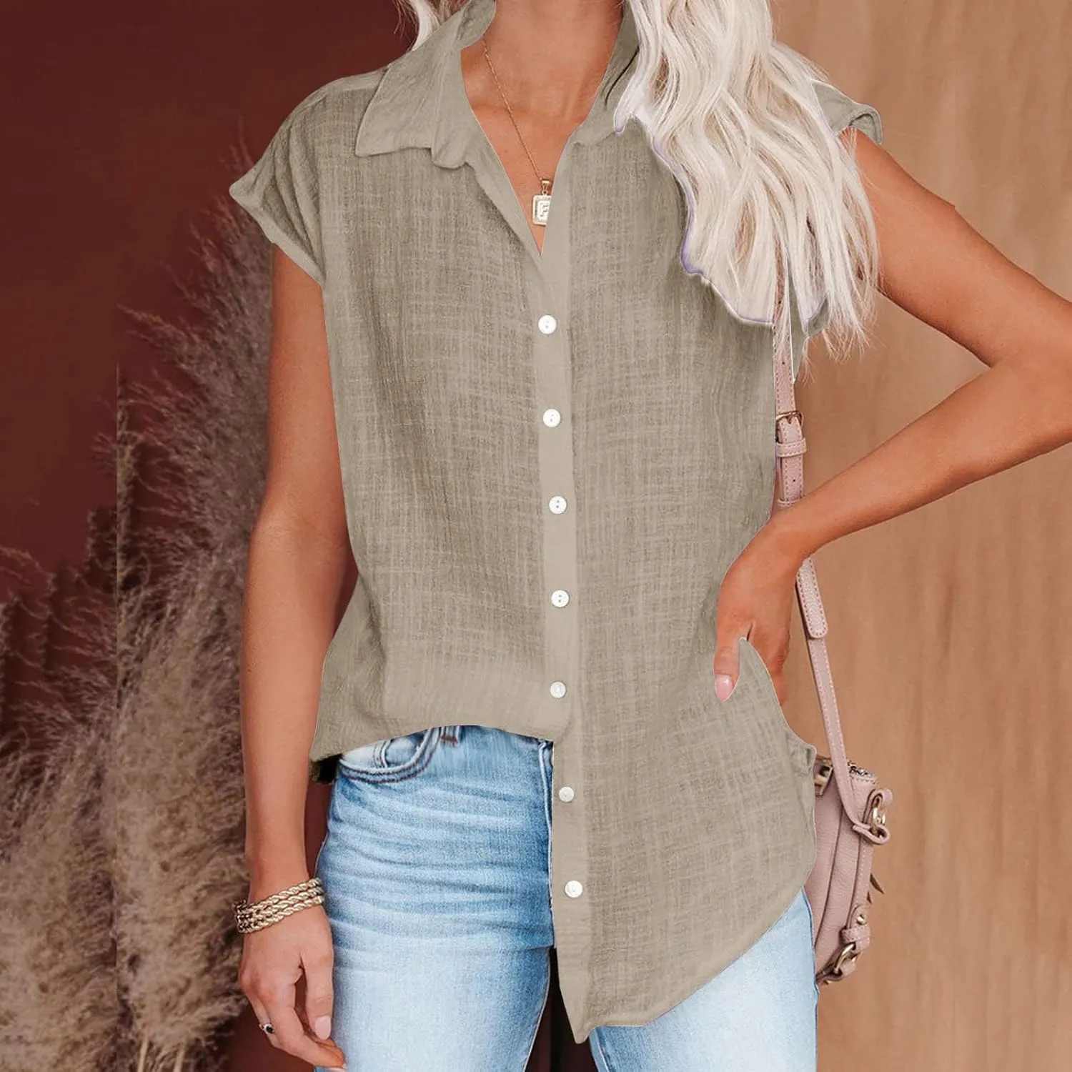 Wkishenl Womens Button Down Shirts Plus Size Cotton Linen Tops Loose Casual V Neck Blouse Summer Trendy T-Shirts with Pockets