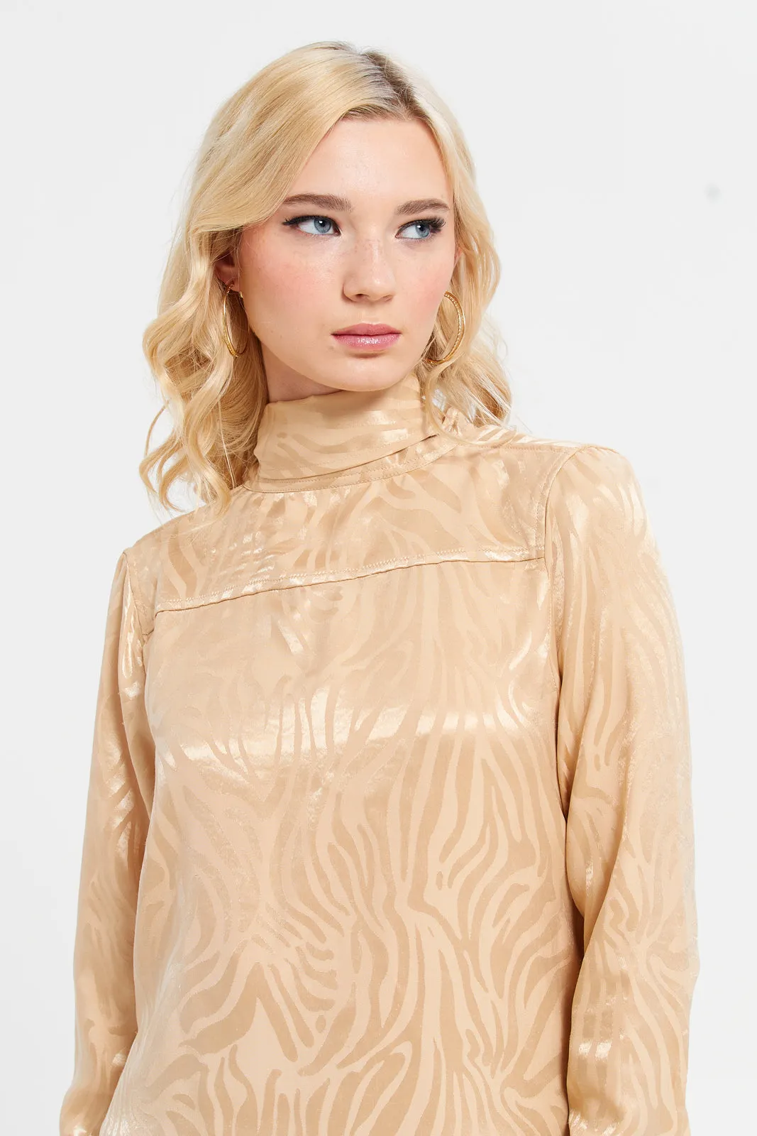 Women Beige Bow Satin Jacquard Blouse