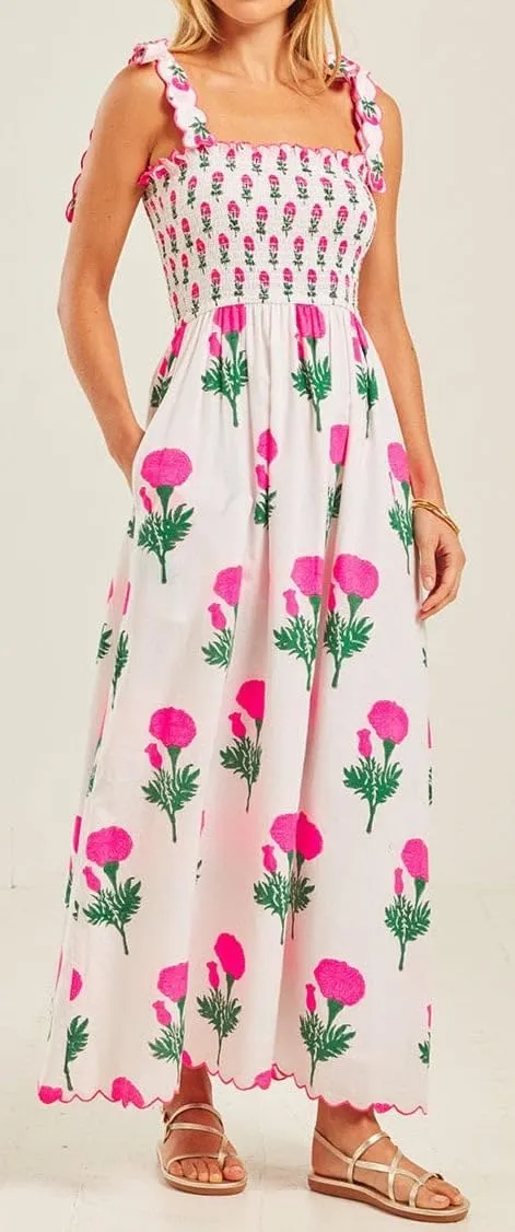 Women Bow Tie Shoulder Boho Maxi Dress Y2k Sleeveless Floral Flowy Long Dresses Smocked Swing Summer Beach Sundress