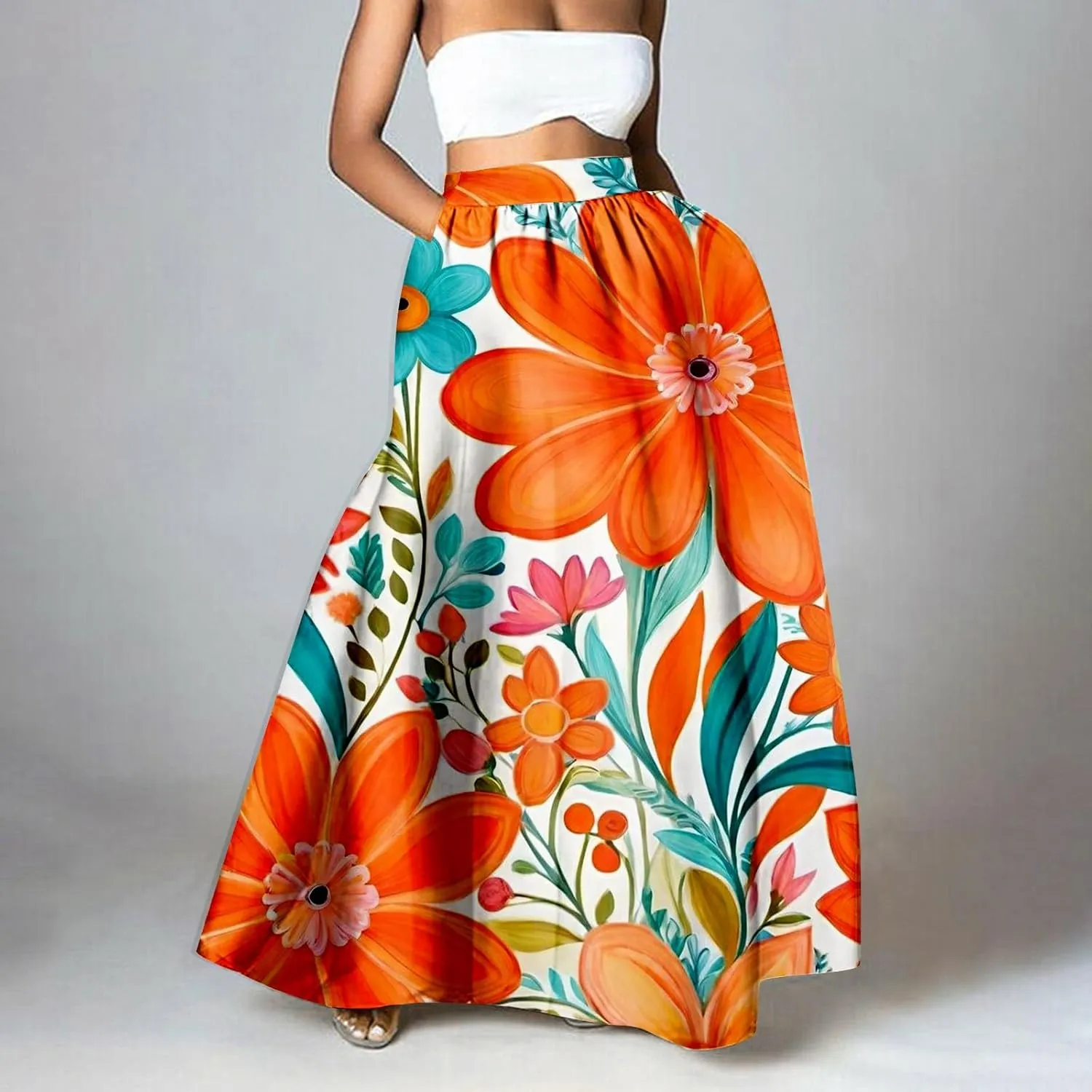 Women Casual Boho Floral Maxi Skirt Elastic High Waist Tiered Pleated Flowy Long Summer Beach Skirt