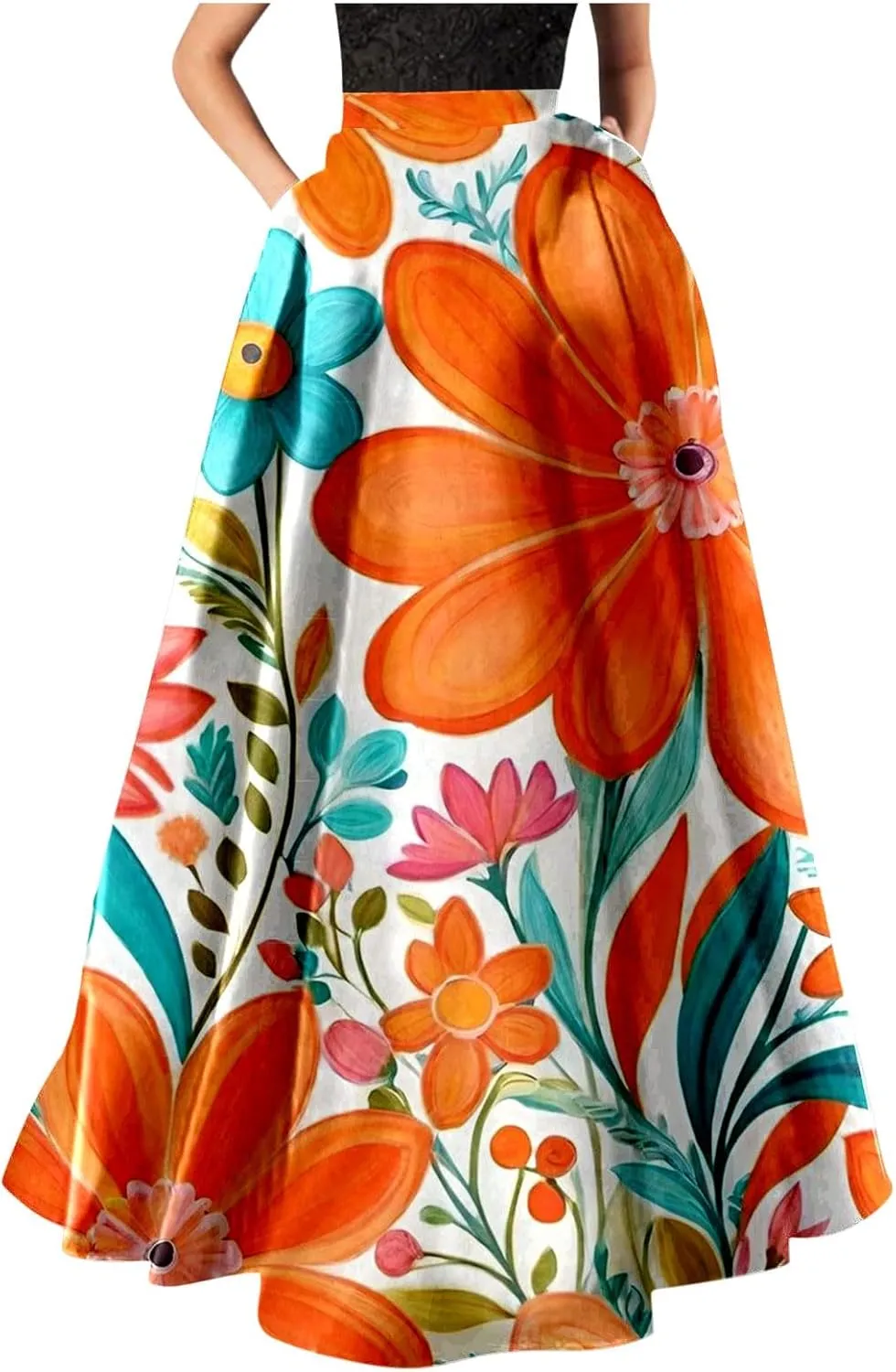 Women Casual Boho Floral Maxi Skirt Elastic High Waist Tiered Pleated Flowy Long Summer Beach Skirt