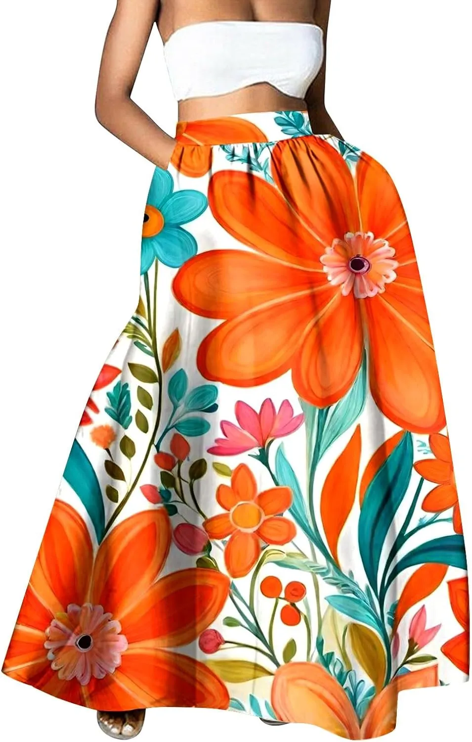 Women Casual Boho Floral Maxi Skirt Elastic High Waist Tiered Pleated Flowy Long Summer Beach Skirt