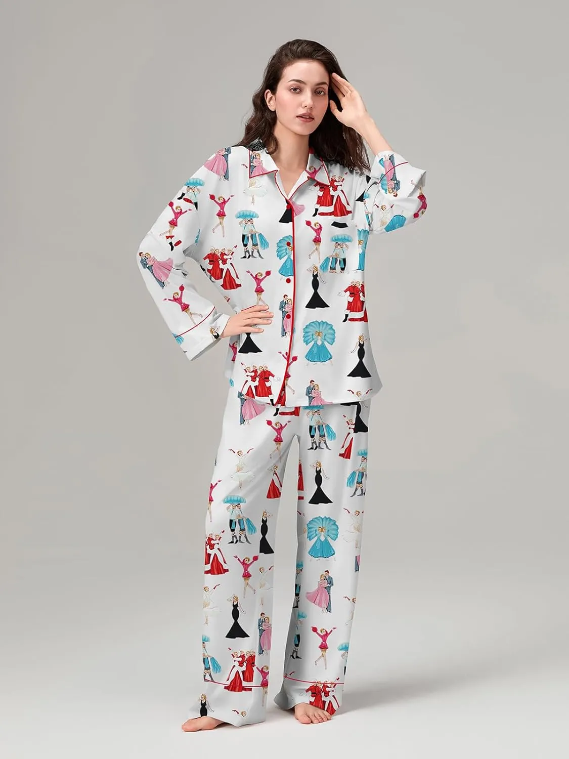 Women Christmas Pajama Set Y2k Nutcracker Long Sleeve Shirt and Wide Leg Pants Cute Pjs Outfits