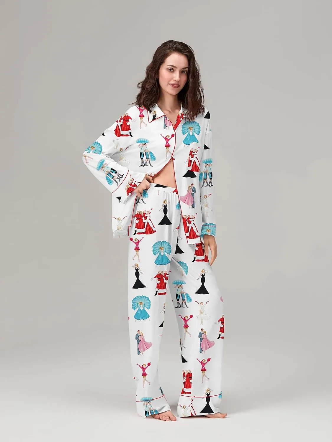 Women Christmas Pajama Set Y2k Nutcracker Long Sleeve Shirt and Wide Leg Pants Cute Pjs Outfits