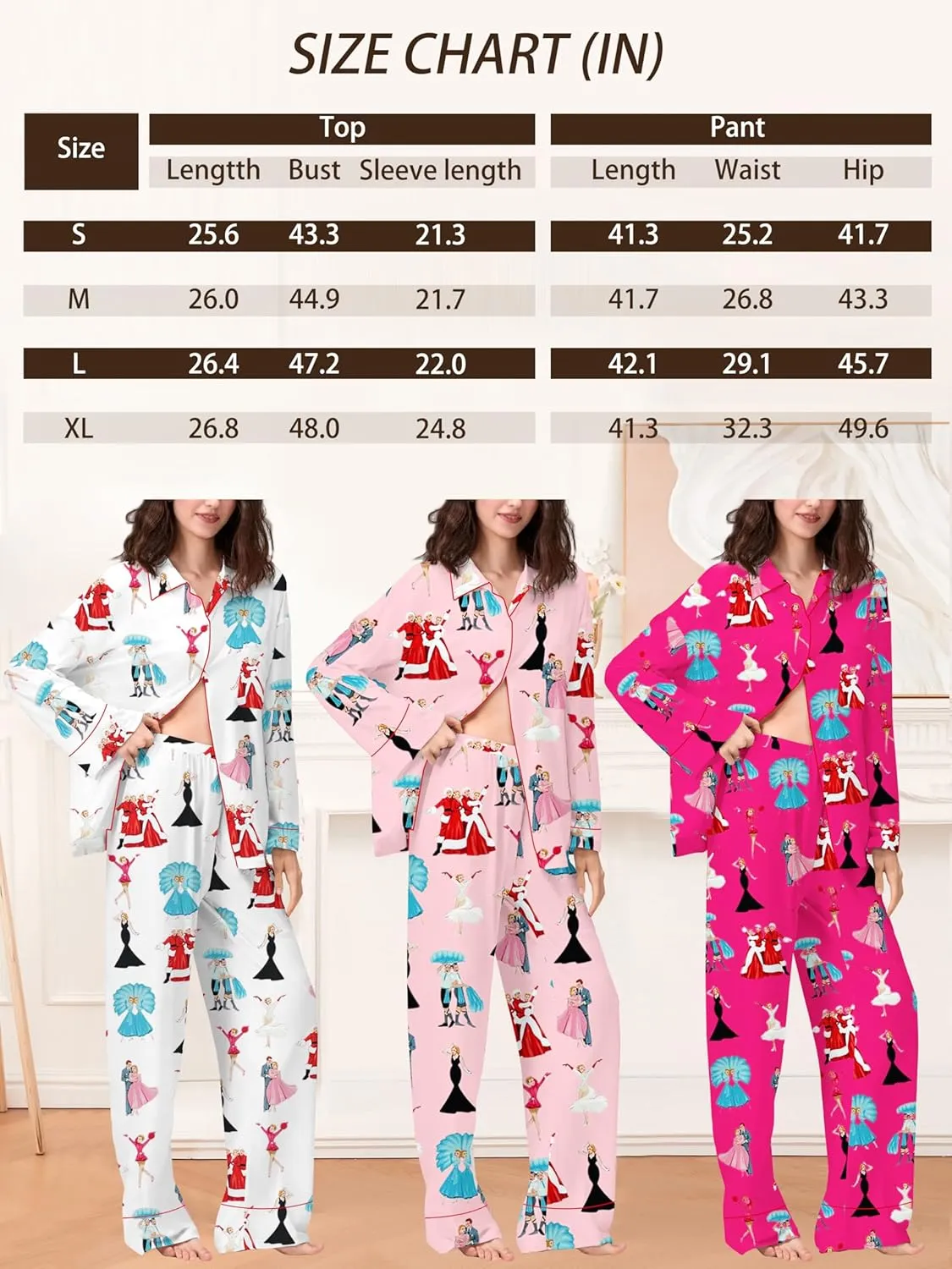 Women Christmas Pajama Set Y2k Nutcracker Long Sleeve Shirt and Wide Leg Pants Cute Pjs Outfits