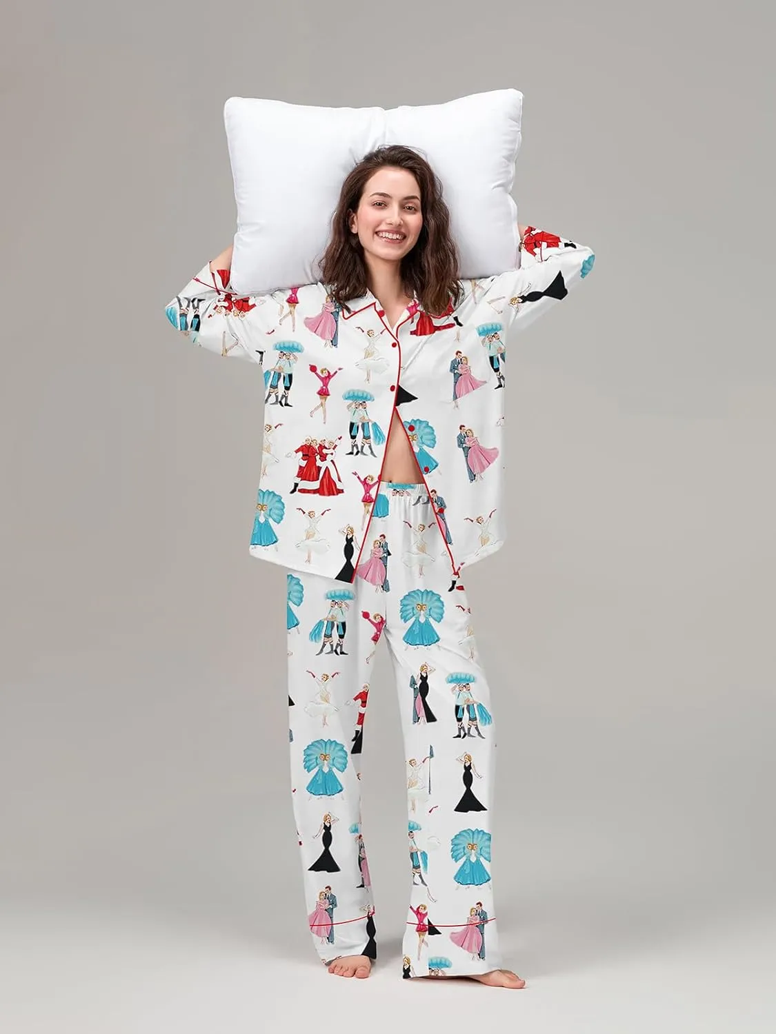 Women Christmas Pajama Set Y2k Nutcracker Long Sleeve Shirt and Wide Leg Pants Cute Pjs Outfits
