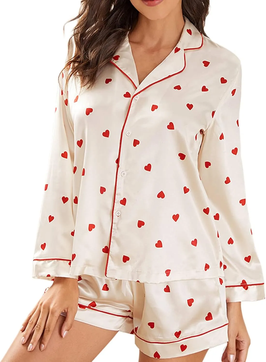 Women Christmas Pajamas Shorts Set Santa Claus Pjs Long Sleeve Button Down Shirt Pants 2 Piece Xmas Jammies Loungewear
