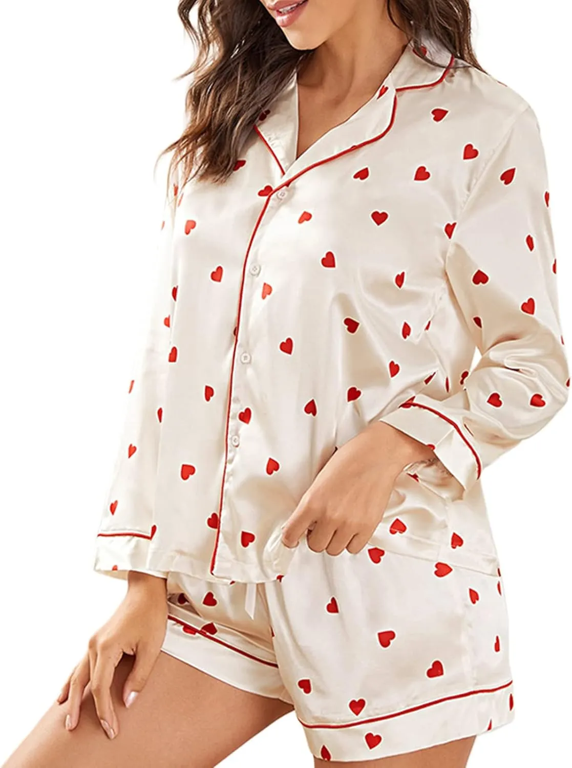 Women Christmas Pajamas Shorts Set Santa Claus Pjs Long Sleeve Button Down Shirt Pants 2 Piece Xmas Jammies Loungewear