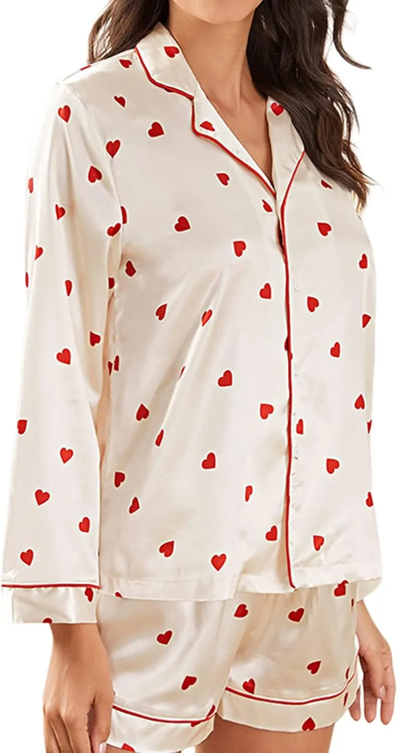 Women Christmas Pajamas Shorts Set Santa Claus Pjs Long Sleeve Button Down Shirt Pants 2 Piece Xmas Jammies Loungewear