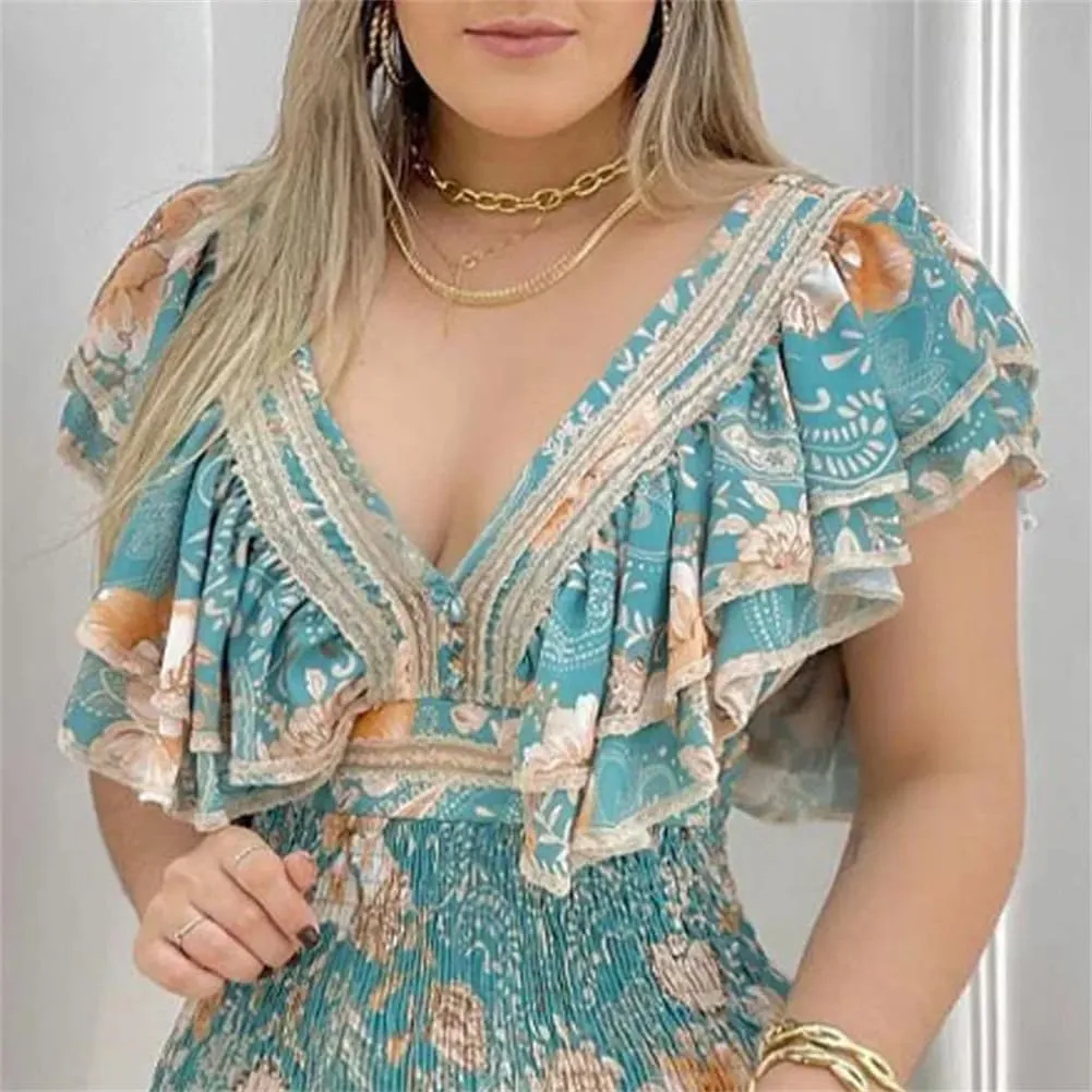 Women Deep V Neck Short Dress Butterfly Sleeves A Line Dress Button Floral Print Ruffle Mini Dress