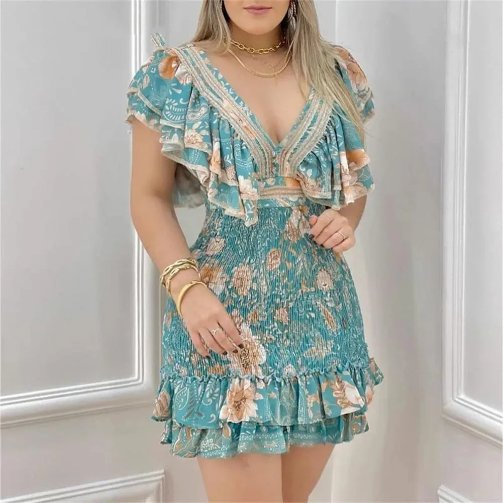 Women Deep V Neck Short Dress Butterfly Sleeves A Line Dress Button Floral Print Ruffle Mini Dress