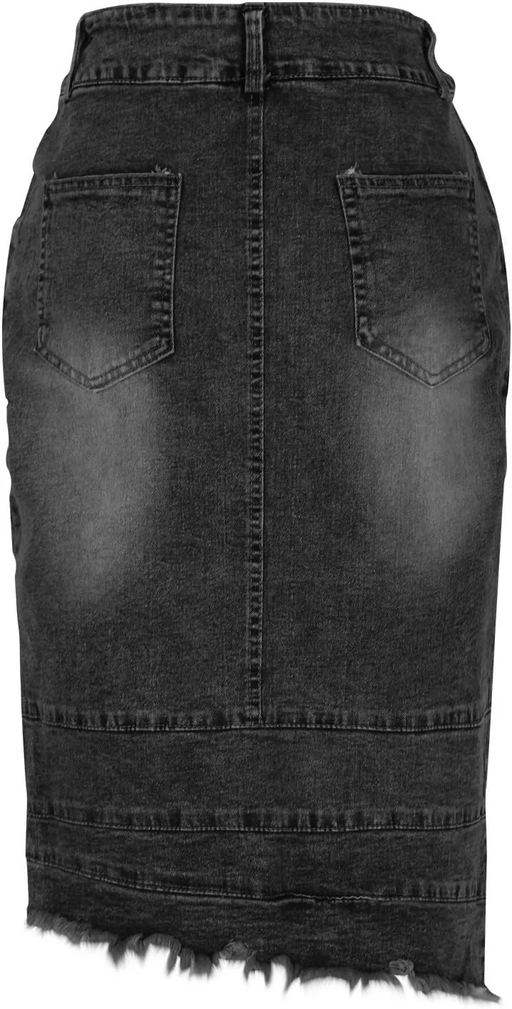 Women Denim Ripped Destroyed Irregular Skirt, Bodycon Streetwear Jean Midi Skirts, High Waist Button Pencil Skirt