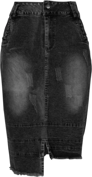 Women Denim Ripped Destroyed Irregular Skirt, Bodycon Streetwear Jean Midi Skirts, High Waist Button Pencil Skirt