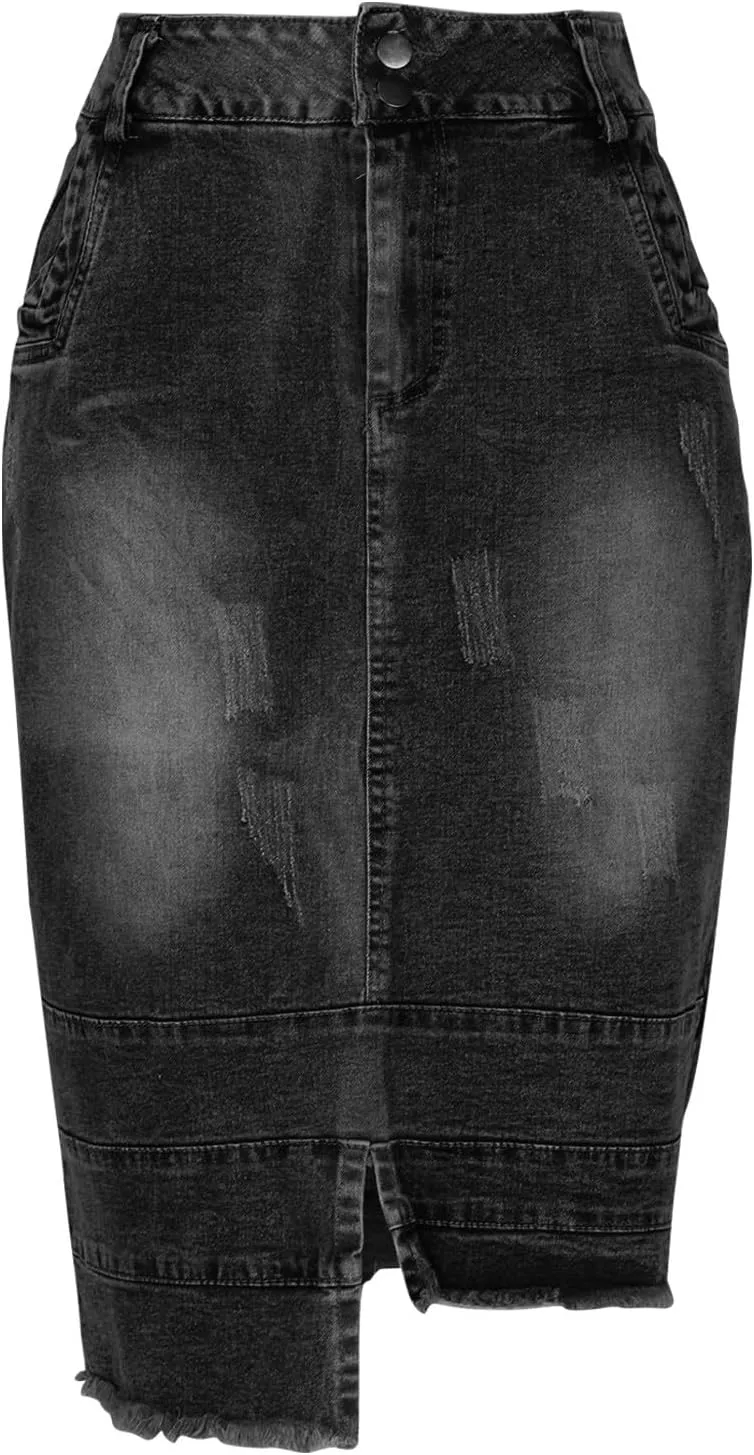 Women Denim Ripped Destroyed Irregular Skirt, Bodycon Streetwear Jean Midi Skirts, High Waist Button Pencil Skirt