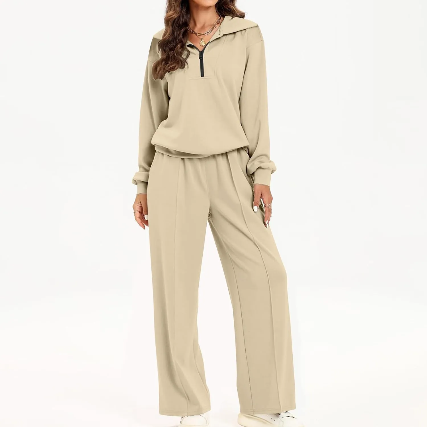 Women Fashion Solid Collar Half Zipper Sweatshirt Wide Leg Sweatpants Matching Sets Casual Sports Two Piece Set