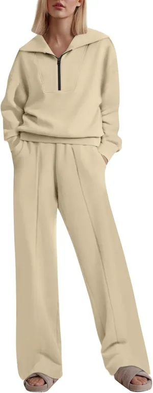 Women Fashion Solid Collar Half Zipper Sweatshirt Wide Leg Sweatpants Matching Sets Casual Sports Two Piece Set