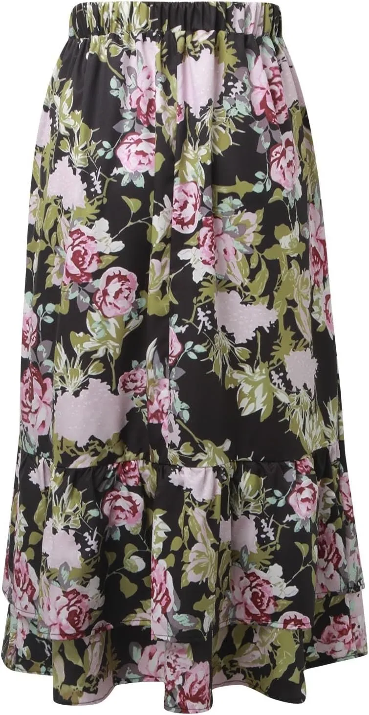 Women Midi Skirt Summer Floral Flowy Long Skirts Boho Elastic High Waist A-Line Swing Skirts Beach Vacation Dress