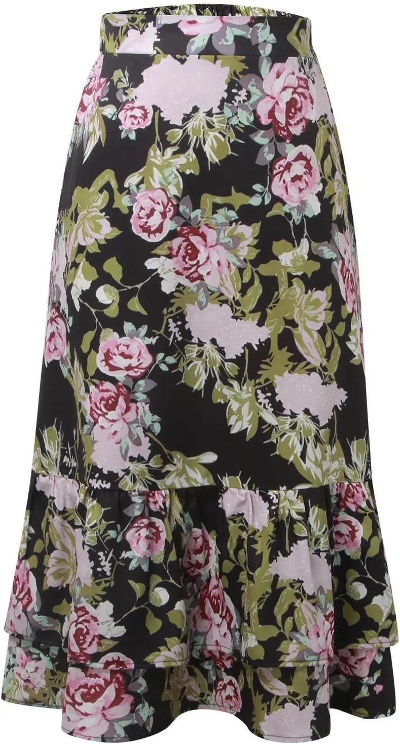 Women Midi Skirt Summer Floral Flowy Long Skirts Boho Elastic High Waist A-Line Swing Skirts Beach Vacation Dress