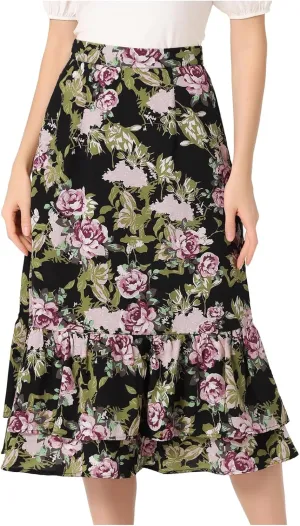 Women Midi Skirt Summer Floral Flowy Long Skirts Boho Elastic High Waist A-Line Swing Skirts Beach Vacation Dress