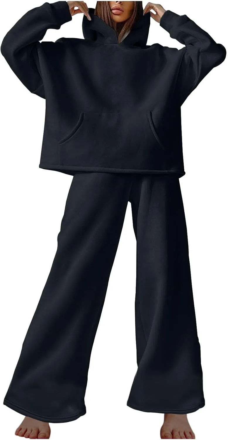 Women Oversized Sweatsuit Two Piece Outfits Plus Size Hooded Sweatshirt Wide Leg Pants Suit Casual Loungewear Sets