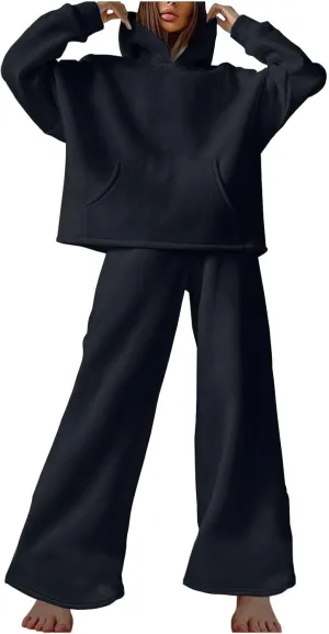 Women Oversized Sweatsuit Two Piece Outfits Plus Size Hooded Sweatshirt Wide Leg Pants Suit Casual Loungewear Sets