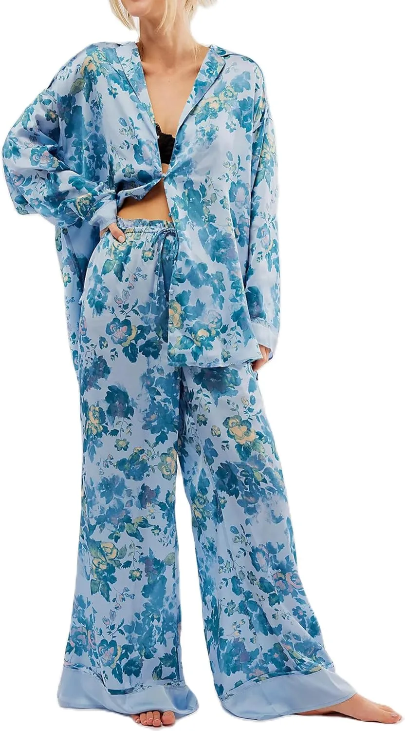 Women Satin Pajama Set Floral Silk Pajamas 2 Piece Lounge Sets Button Down Shirts Wide Leg Pants Pjs Sleepwear
