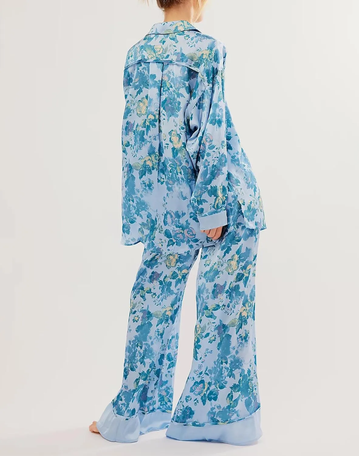 Women Satin Pajama Set Floral Silk Pajamas 2 Piece Lounge Sets Button Down Shirts Wide Leg Pants Pjs Sleepwear