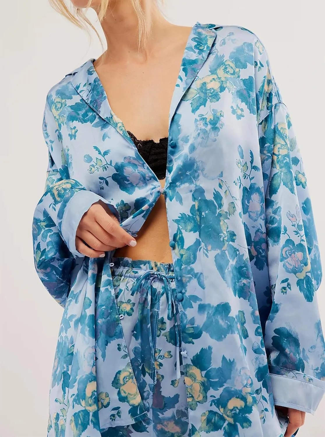 Women Satin Pajama Set Floral Silk Pajamas 2 Piece Lounge Sets Button Down Shirts Wide Leg Pants Pjs Sleepwear