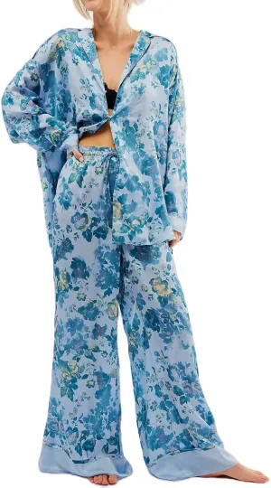 Women Satin Pajama Set Floral Silk Pajamas 2 Piece Lounge Sets Button Down Shirts Wide Leg Pants Pjs Sleepwear