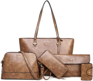 Women Synthetic PU Leather Tote Satchel Crossbody Hobo 5pcs Handbags Shoulder Laptop Messenger Wristlet Card Bags
