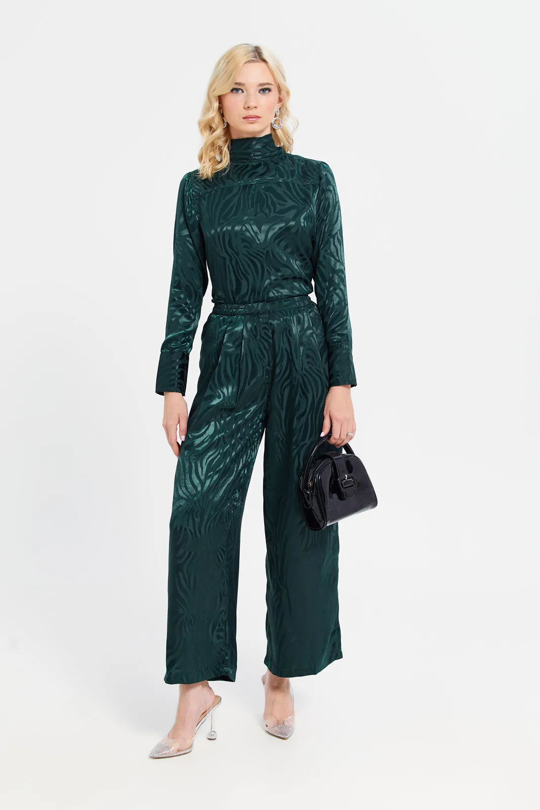 Women Teal Bow Satin Jacquard Blouse