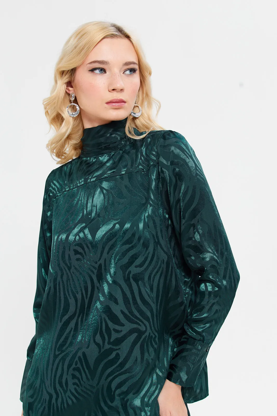Women Teal Bow Satin Jacquard Blouse