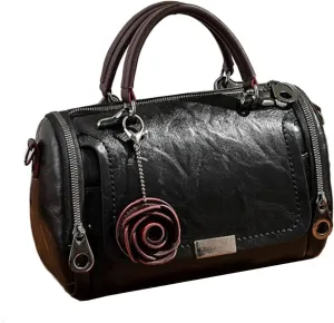 Women Vintage Tote Purse Top-handle Satchel Boston Bags Rose Pendant Shoulder Bags