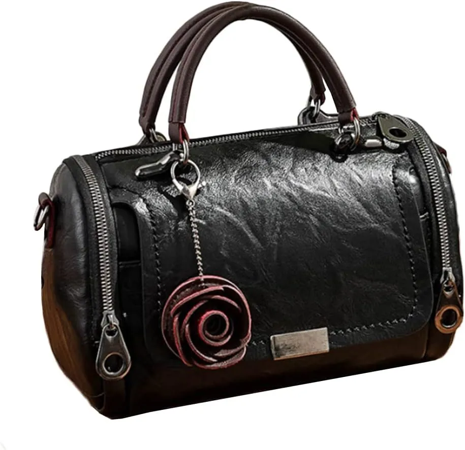 Women Vintage Tote Purse Top-handle Satchel Boston Bags Rose Pendant Shoulder Bags