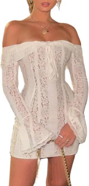 Women Y2k Lace Long Sleeve Short Dress Vintage Off Shoulder Mini Dress Ruffle Flowy Bodycon Dress Clubwear