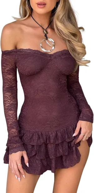 Women Y2k Lace Long Sleeve Short Dress Vintage Off Shoulder Mini Dress Ruffle Flowy Bodycon Dress Clubwear
