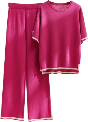 Womens 2 Piece Lounge Sets Casual Short Sleeve Pullover Tops Matching Wide Leg Pants Sweatsuit Loose Comfy Loungewear