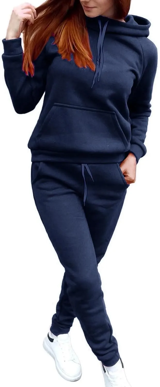 Womens 2 Piece Outfits Suit Solid Color Long Sleeved Hoodie Trousers Sweatershirt Sports Suit Warm Hooded Sport Suit