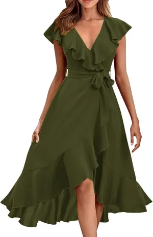 Women's 2025 Summer Lacing Wrap Maxi Dress Casual Boho Deep V Neck Short Sleeve Ruffle Hem Split Beach Long Dresses