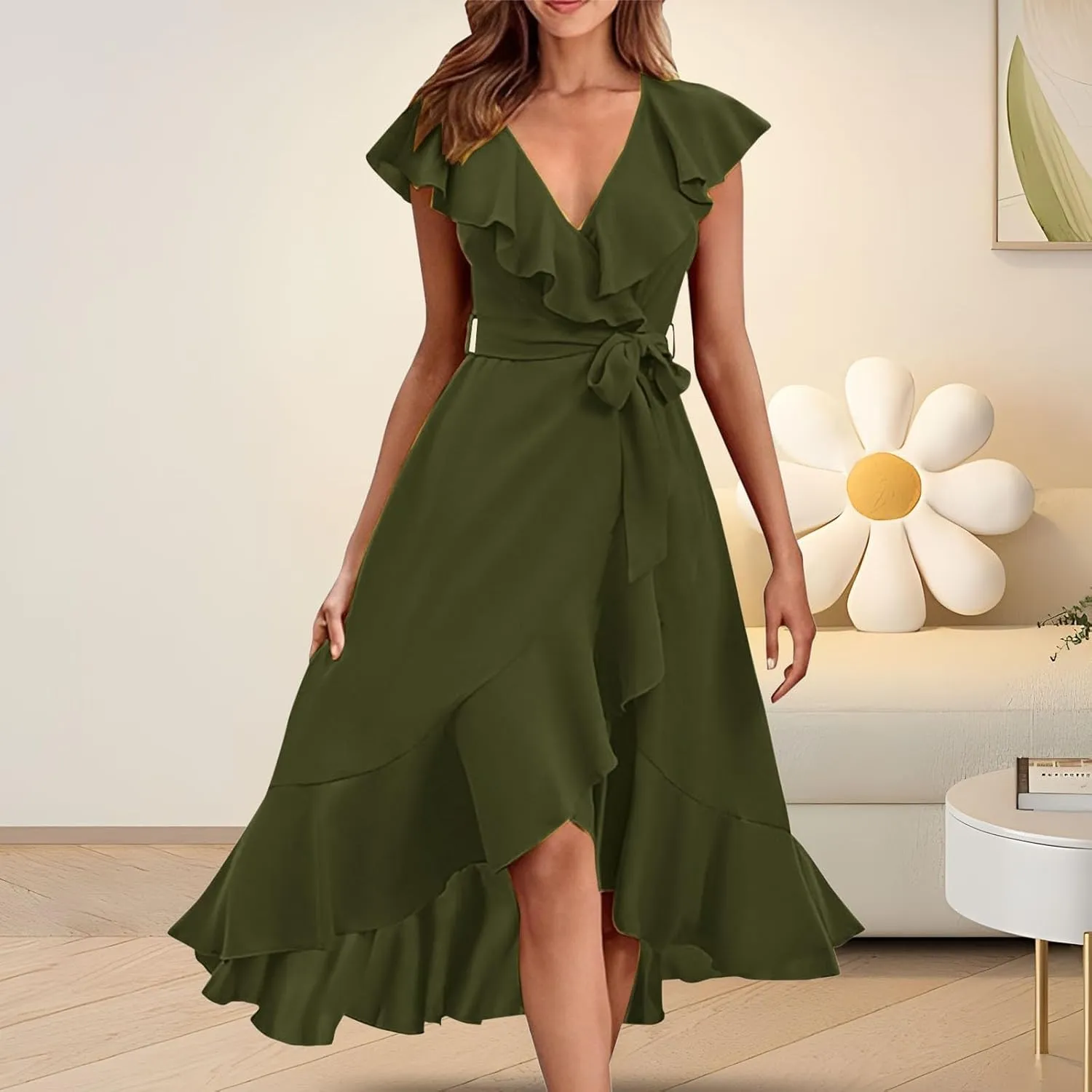 Women's 2025 Summer Lacing Wrap Maxi Dress Casual Boho Deep V Neck Short Sleeve Ruffle Hem Split Beach Long Dresses