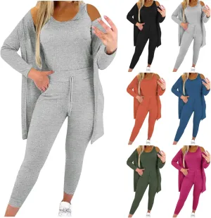 Women's 3 Piece Lounge Set Pajama Long Sleeve Cardigan Sleeveless Tank Top Pant Sweatsuit Soft Comfy Loungewear Outfit