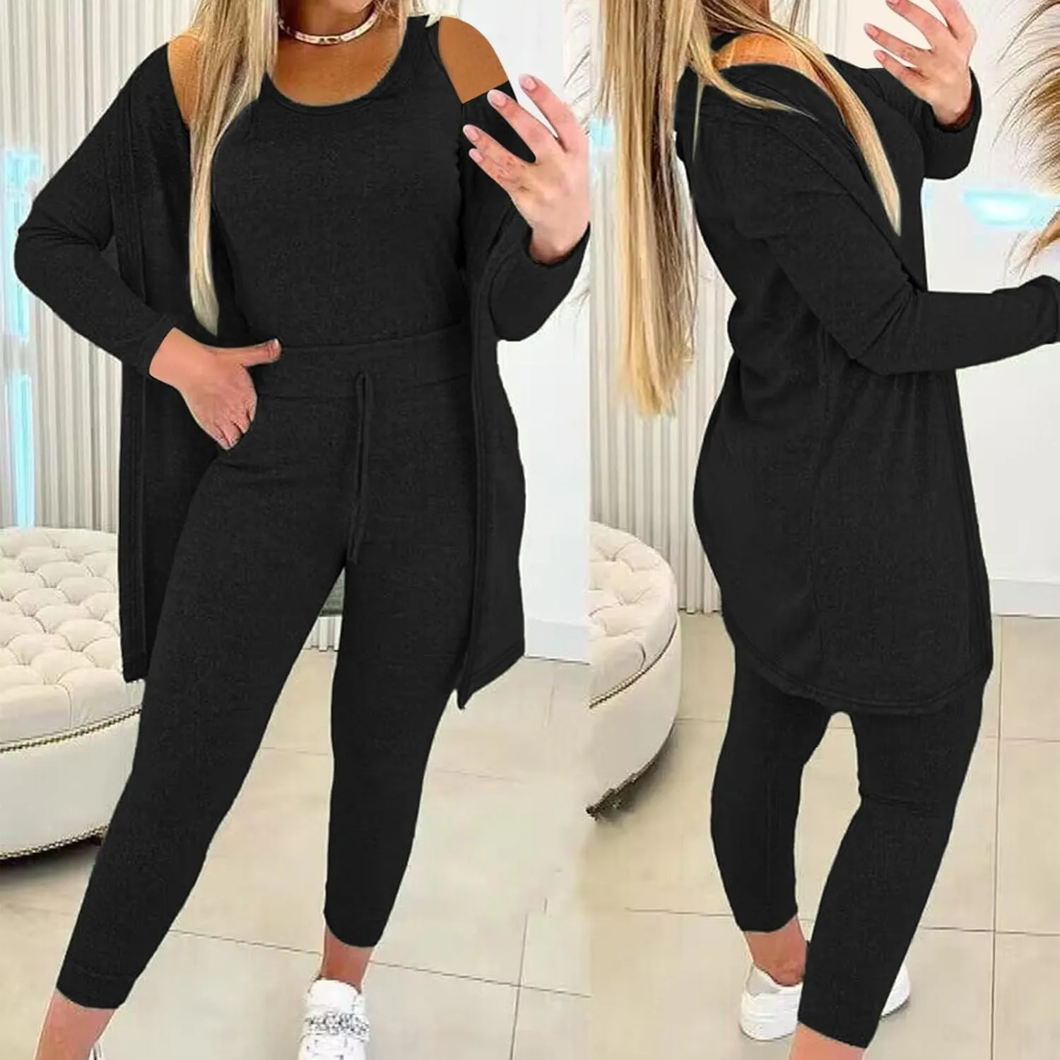 Women's 3 Piece Lounge Set Pajama Long Sleeve Cardigan Sleeveless Tank Top Pant Sweatsuit Soft Comfy Loungewear Outfit