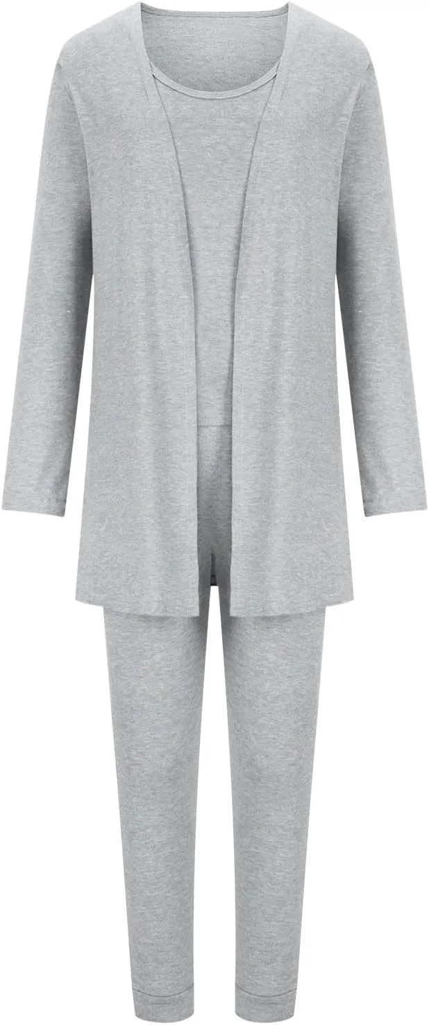 Women's 3 Piece Lounge Set Pajama Long Sleeve Cardigan Sleeveless Tank Top Pant Sweatsuit Soft Comfy Loungewear Outfit