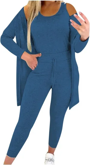 Women's 3 Piece Lounge Set Pajama Long Sleeve Cardigan Sleeveless Tank Top Pant Sweatsuit Soft Comfy Loungewear Outfit