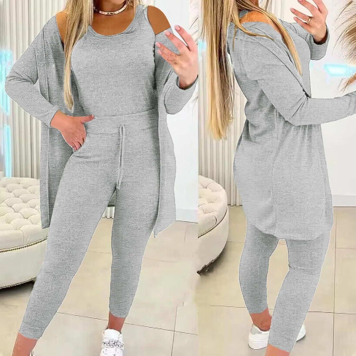 Women's 3 Piece Lounge Set Pajama Long Sleeve Cardigan Sleeveless Tank Top Pant Sweatsuit Soft Comfy Loungewear Outfit