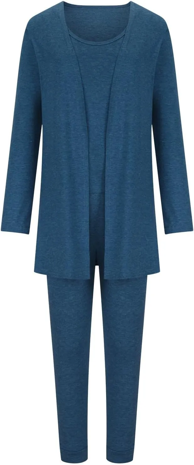 Women's 3 Piece Lounge Set Pajama Long Sleeve Cardigan Sleeveless Tank Top Pant Sweatsuit Soft Comfy Loungewear Outfit