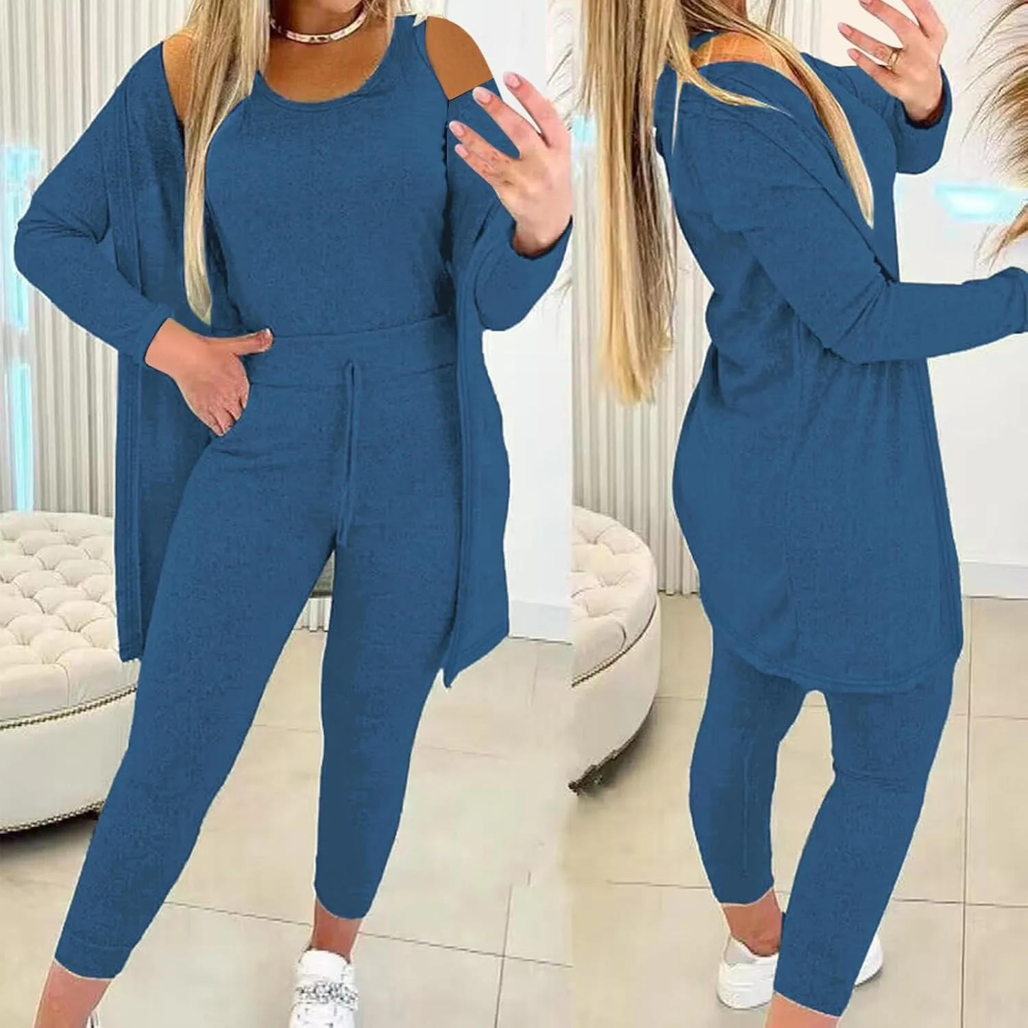 Women's 3 Piece Lounge Set Pajama Long Sleeve Cardigan Sleeveless Tank Top Pant Sweatsuit Soft Comfy Loungewear Outfit