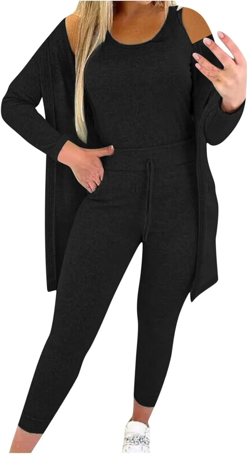 Women's 3 Piece Lounge Set Pajama Long Sleeve Cardigan Sleeveless Tank Top Pant Sweatsuit Soft Comfy Loungewear Outfit